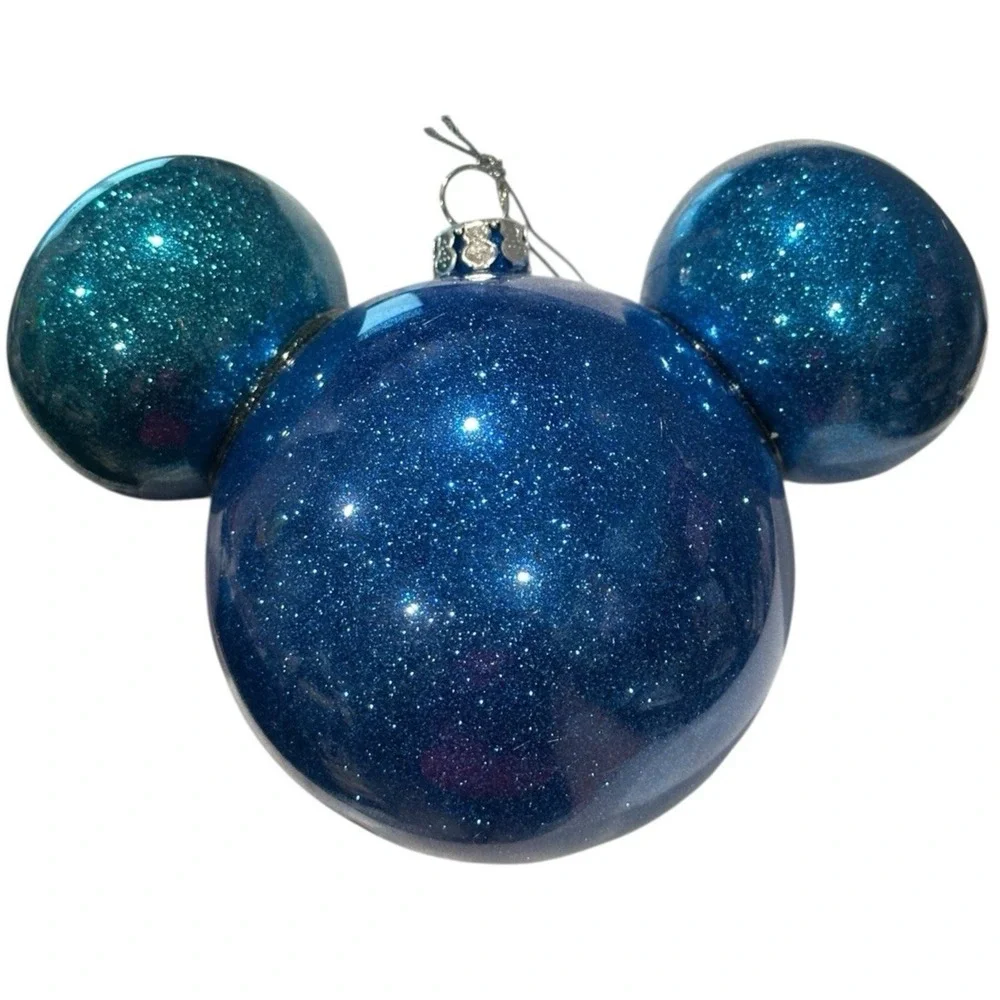 RARE Disney Parks Mickey‎ Icon Ears Glittery Glitter Glass Ball Blue Ornament